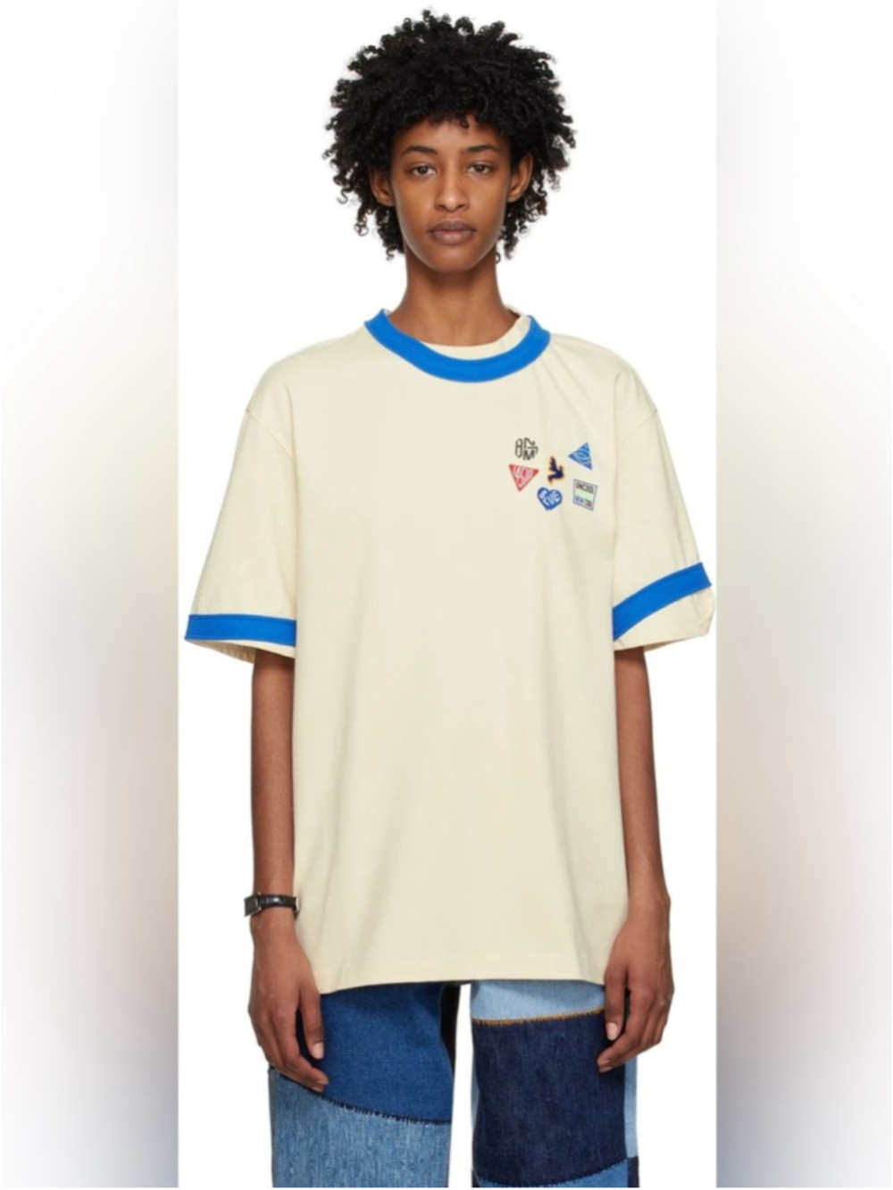 ADER ERROR SS22 Blue Mark Asymmetric Ringer T-Shirt Ivory Blue A1/ S Oversized